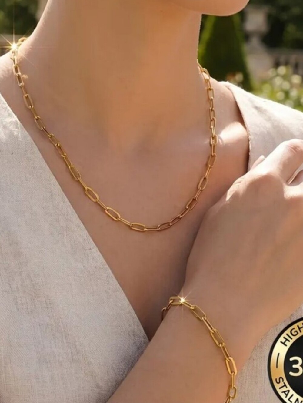 Gold Paperclip Chain Necklace and Bracelet Set - Women Jewelry